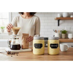 Set Of 2 Comfify Ceramic Yellow Storage Jars With Chalkboard Labels & Lids For K